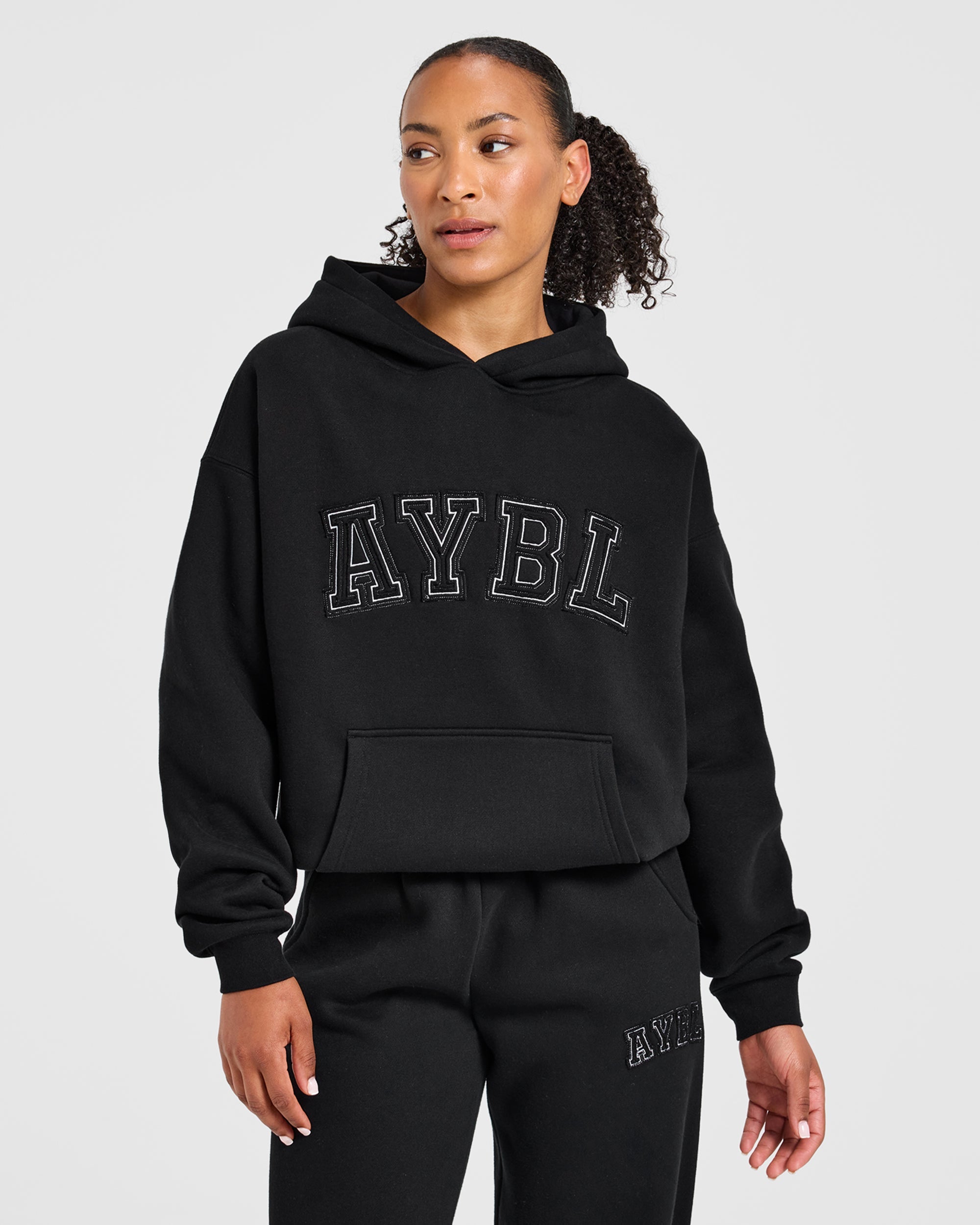 Varsity Applique Oversized Hoodie - Black