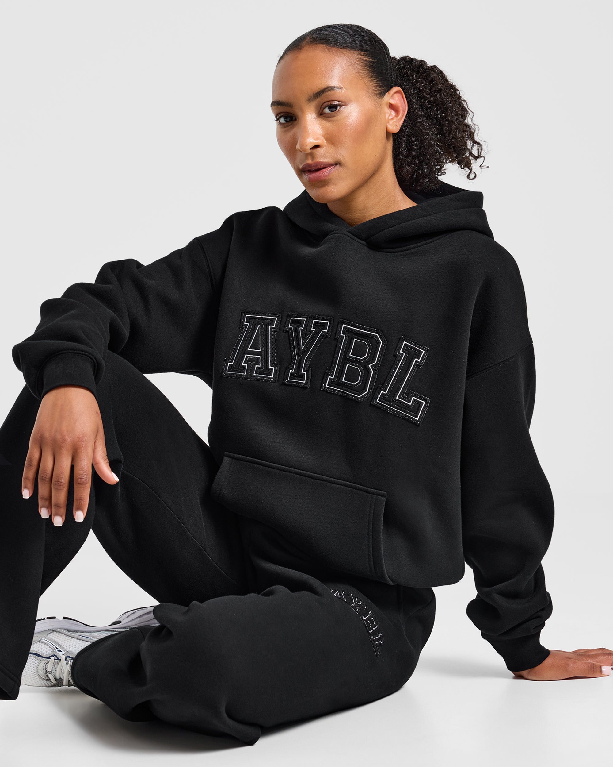 Varsity Applique Oversized Hoodie - Black