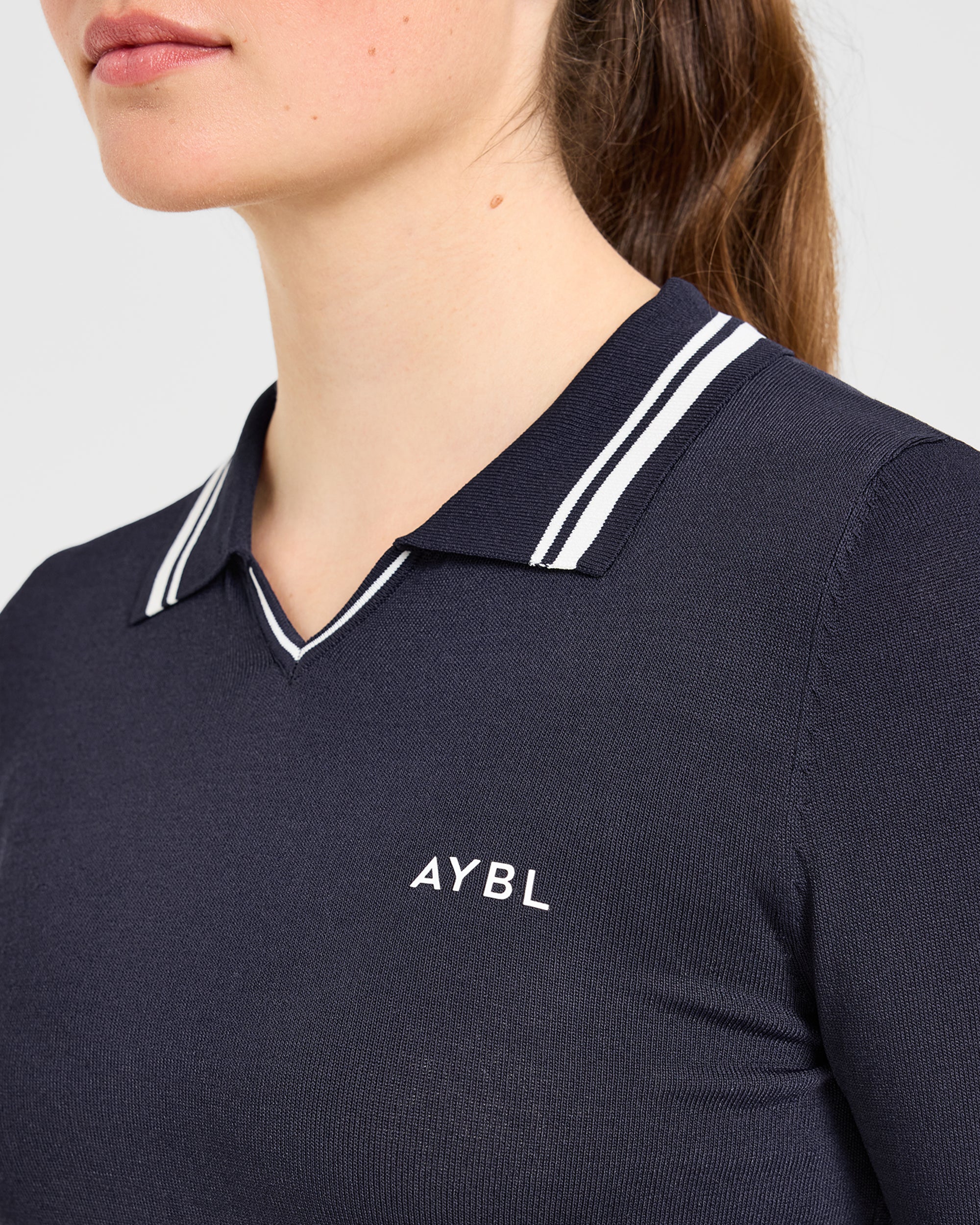 Classic Knitted Long Sleeve Polo - Navy