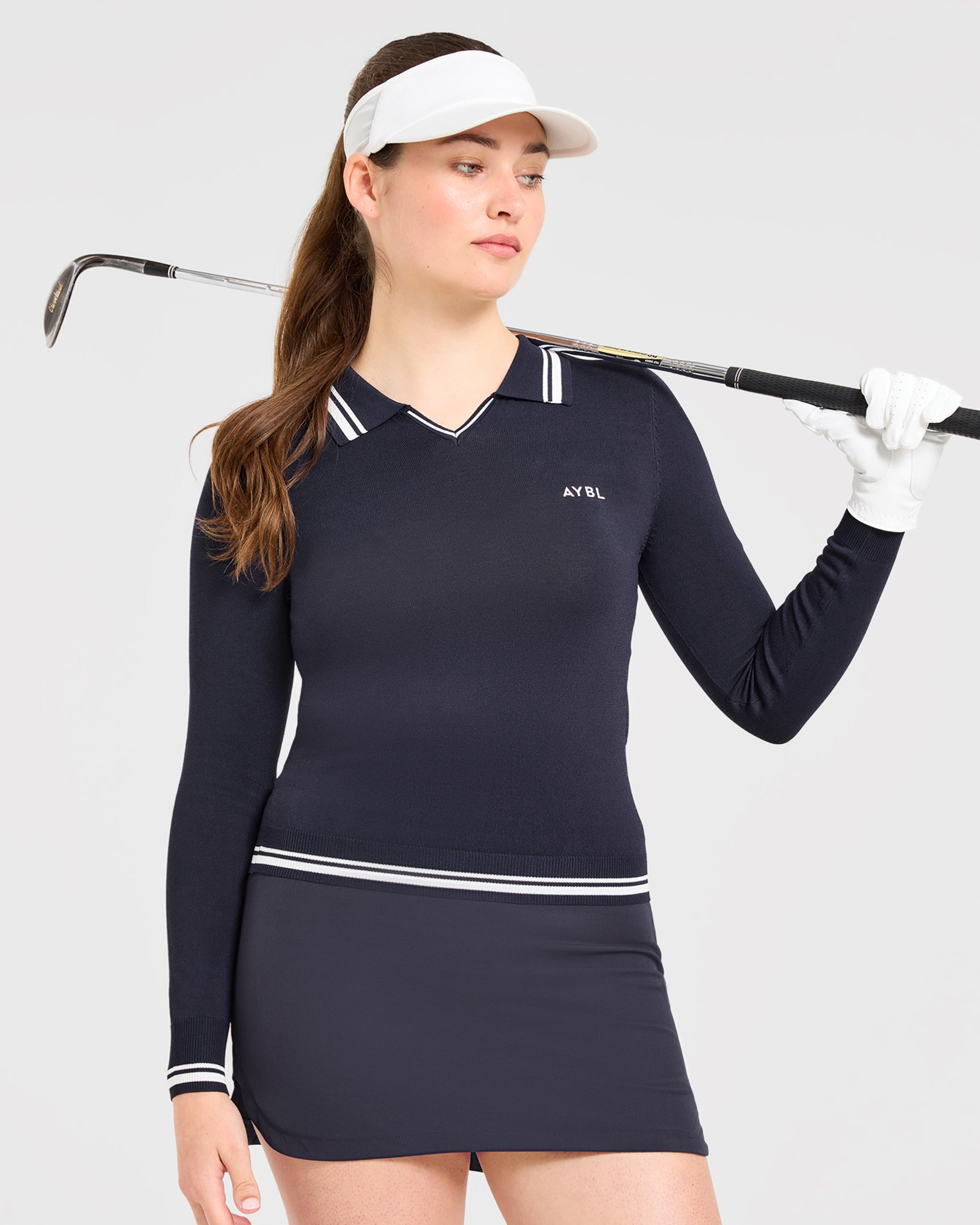 Classic Knitted Long Sleeve Polo - Navy