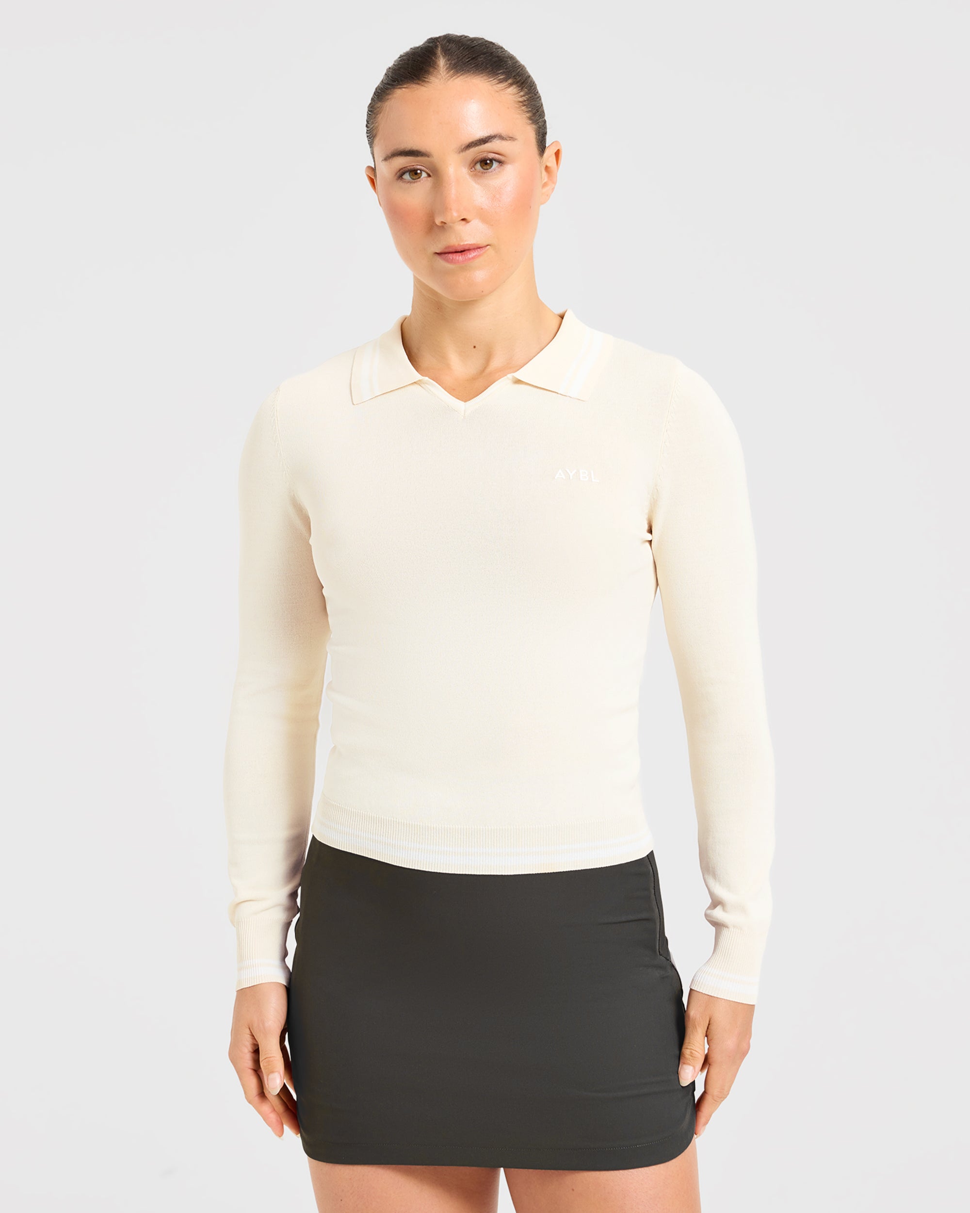 Classic Knitted Long Sleeve Polo - Beige