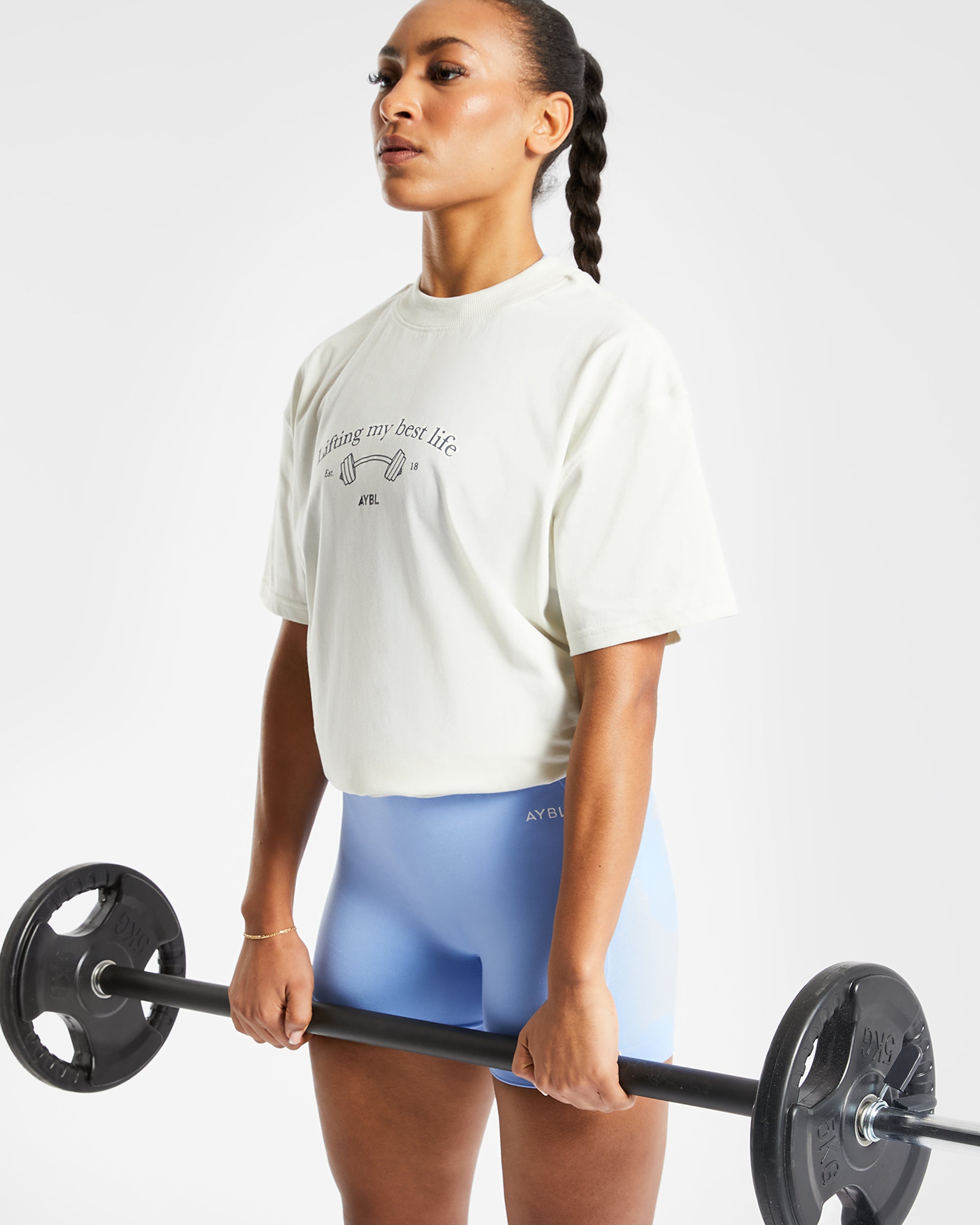 Übergroßes T-Shirt „Lifting My Best Life“ – gebrochenes Weiß