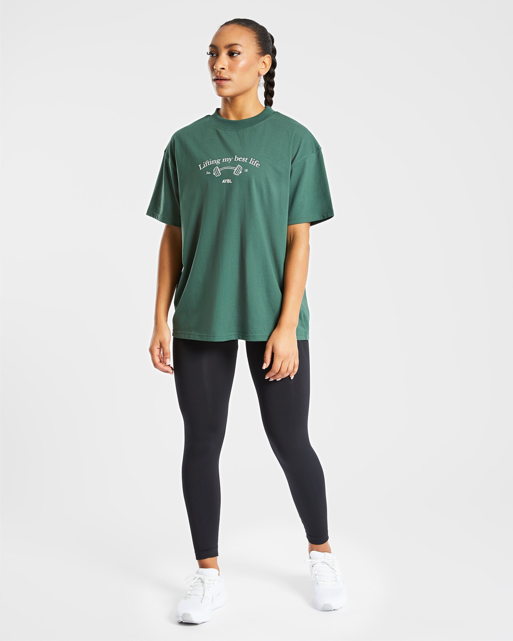 Übergroßes T-Shirt „Lifting My Best Life“ – Waldgrün