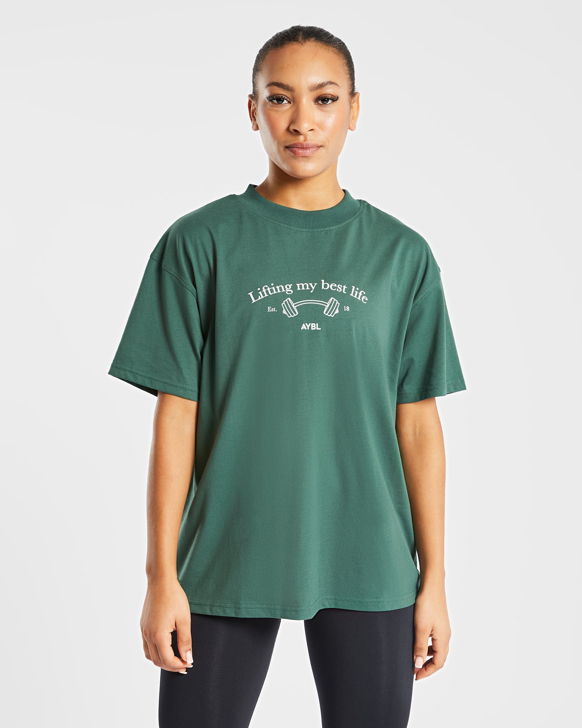 Übergroßes T-Shirt „Lifting My Best Life“ – Waldgrün