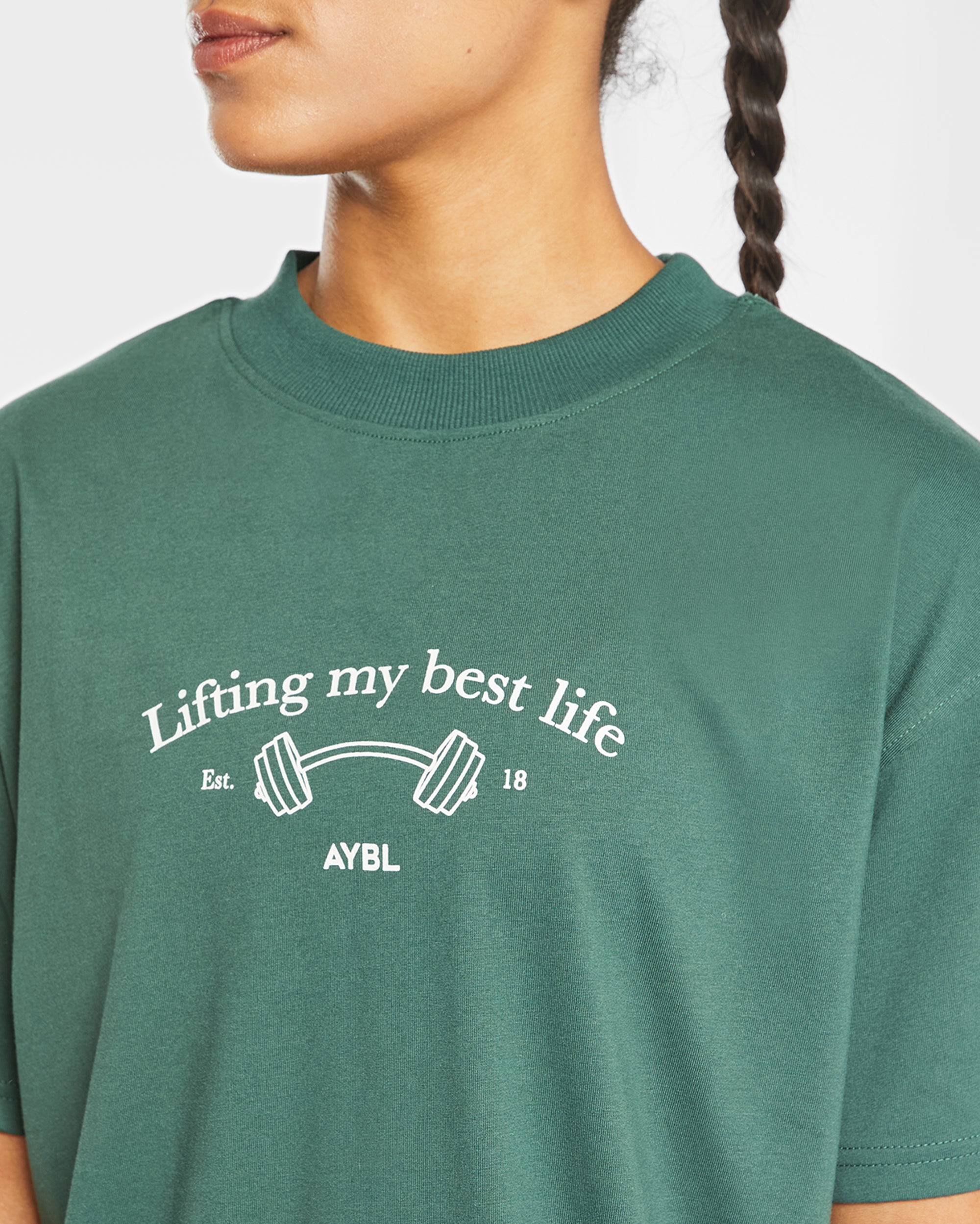 Übergroßes T-Shirt „Lifting My Best Life“ – Waldgrün