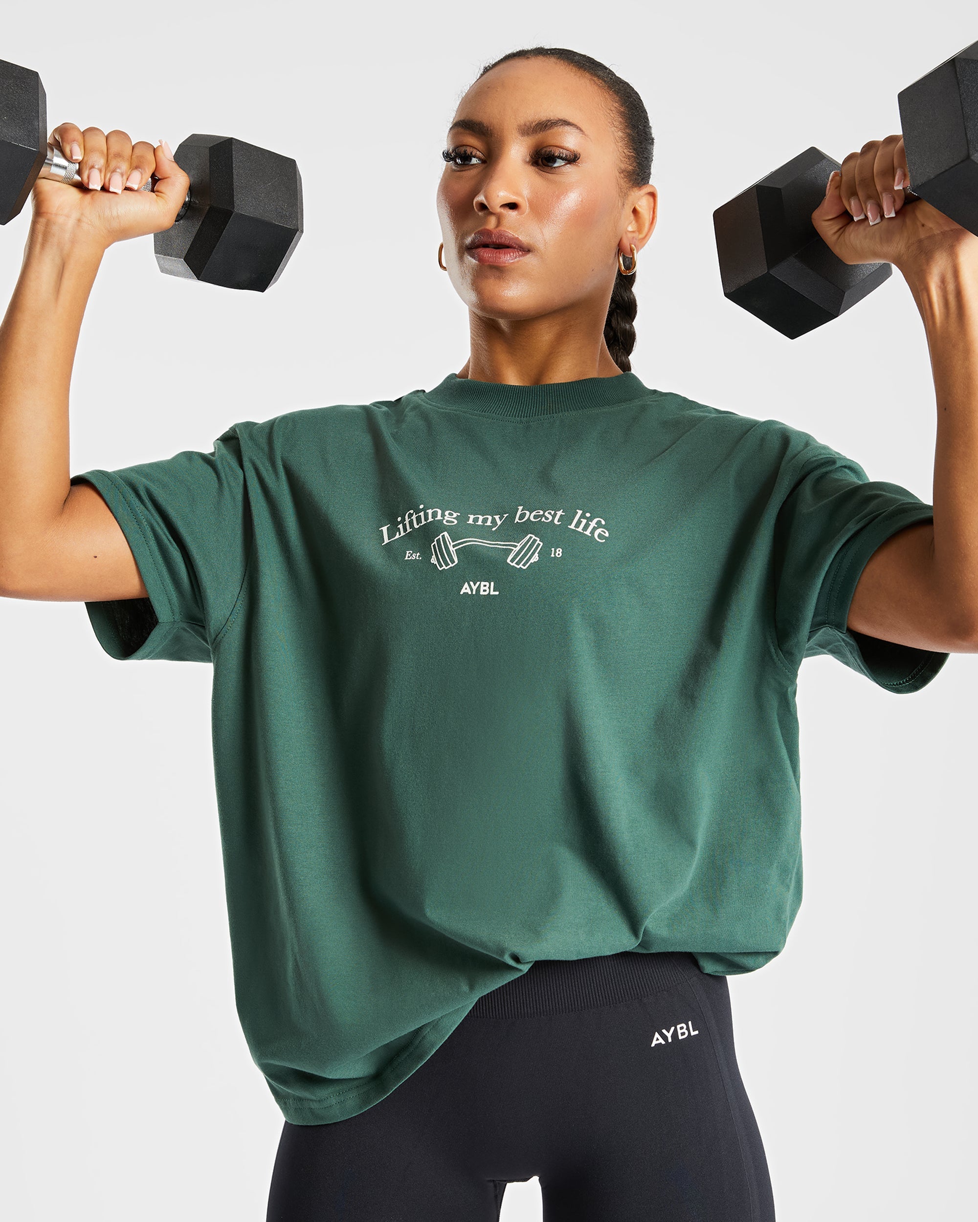 Übergroßes T-Shirt „Lifting My Best Life“ – Waldgrün