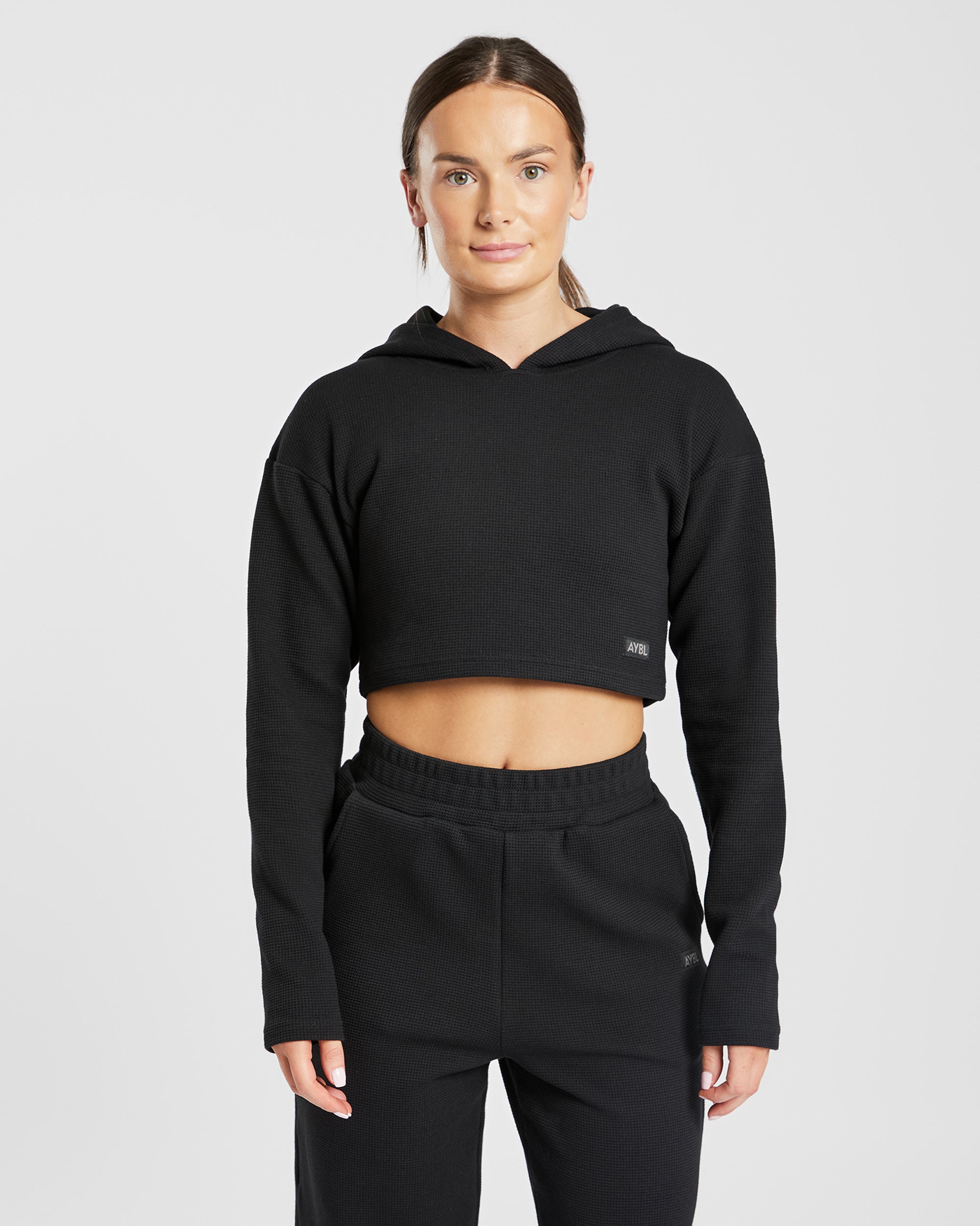 Waffel-Crop-Hoodie – Schwarz