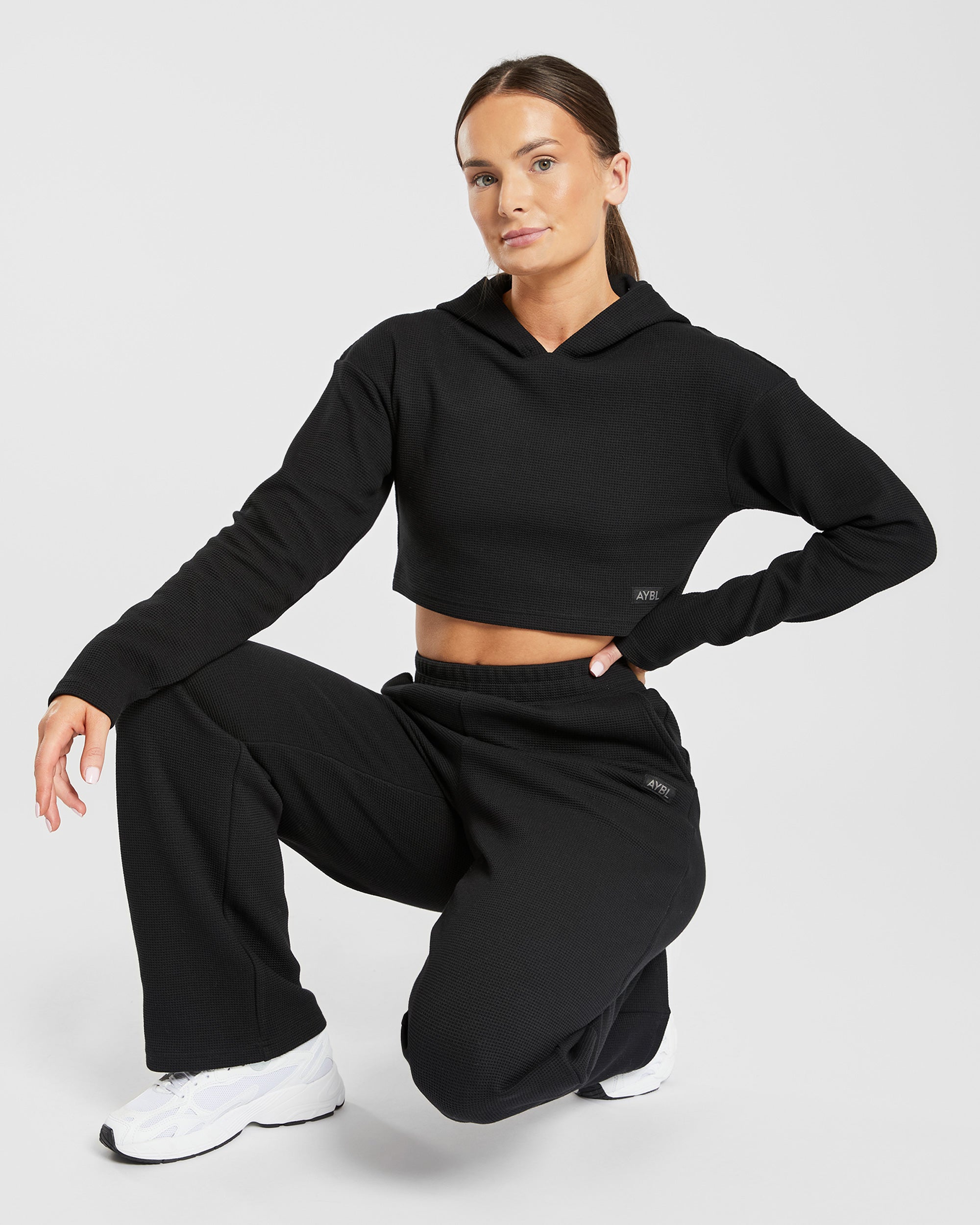 Waffle Crop Hoodie - Black