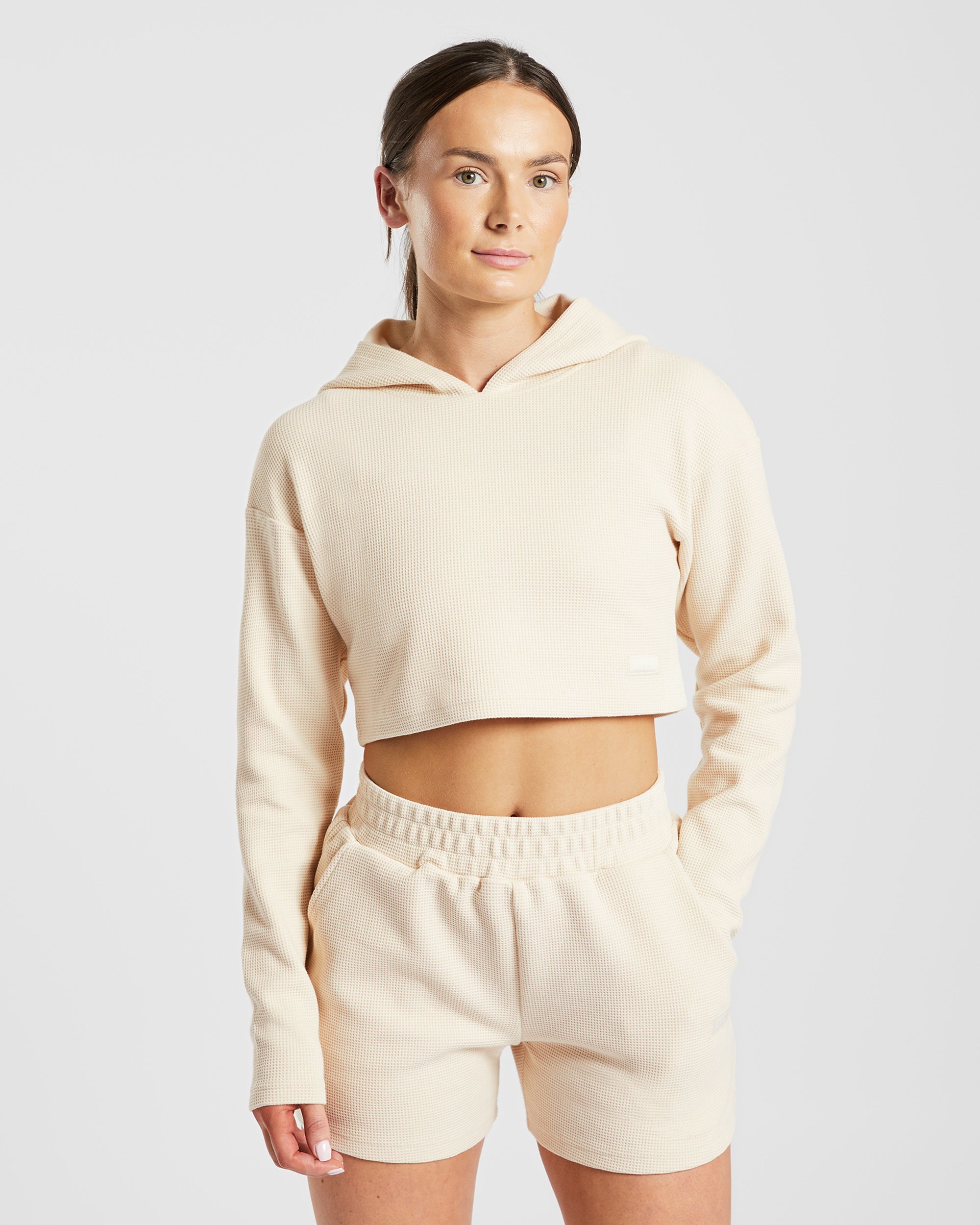 Waffel-Crop-Hoodie – Beige