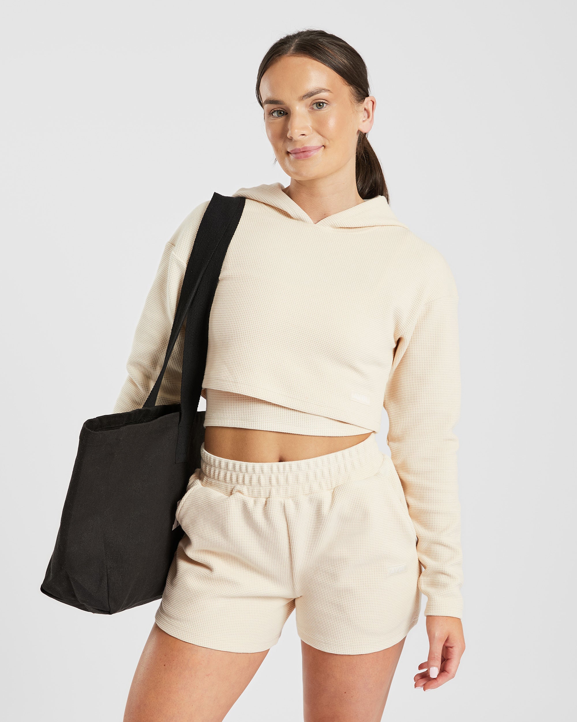 Waffel-Crop-Hoodie – Beige