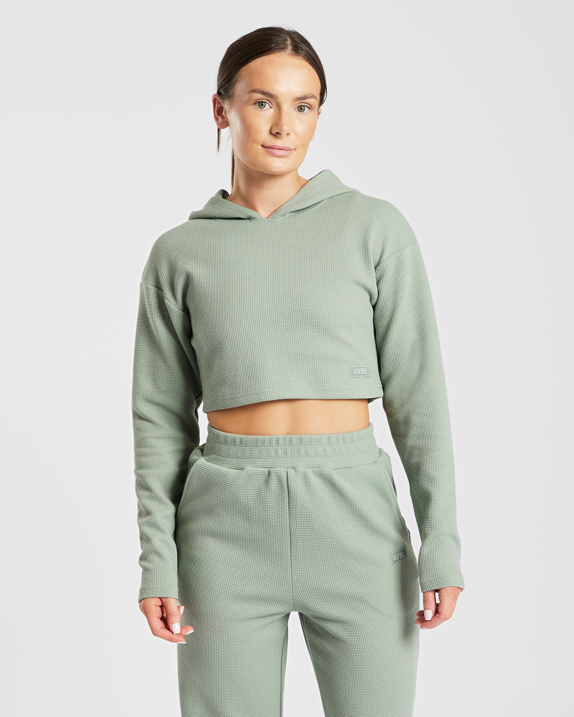 Waffle Crop Hoodie - Sage Green