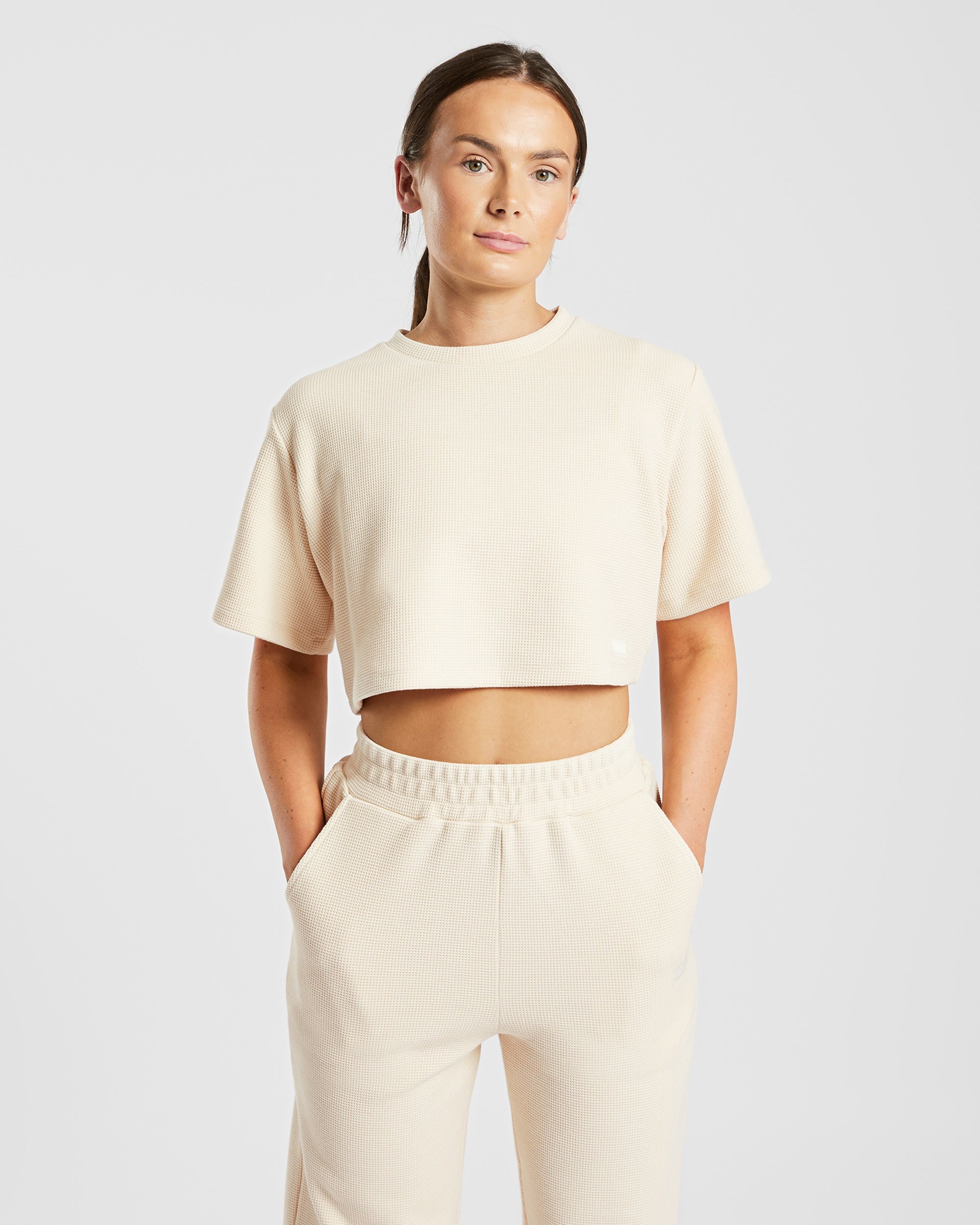 Kastenförmiges Crop-Top mit Waffelmuster – Beige