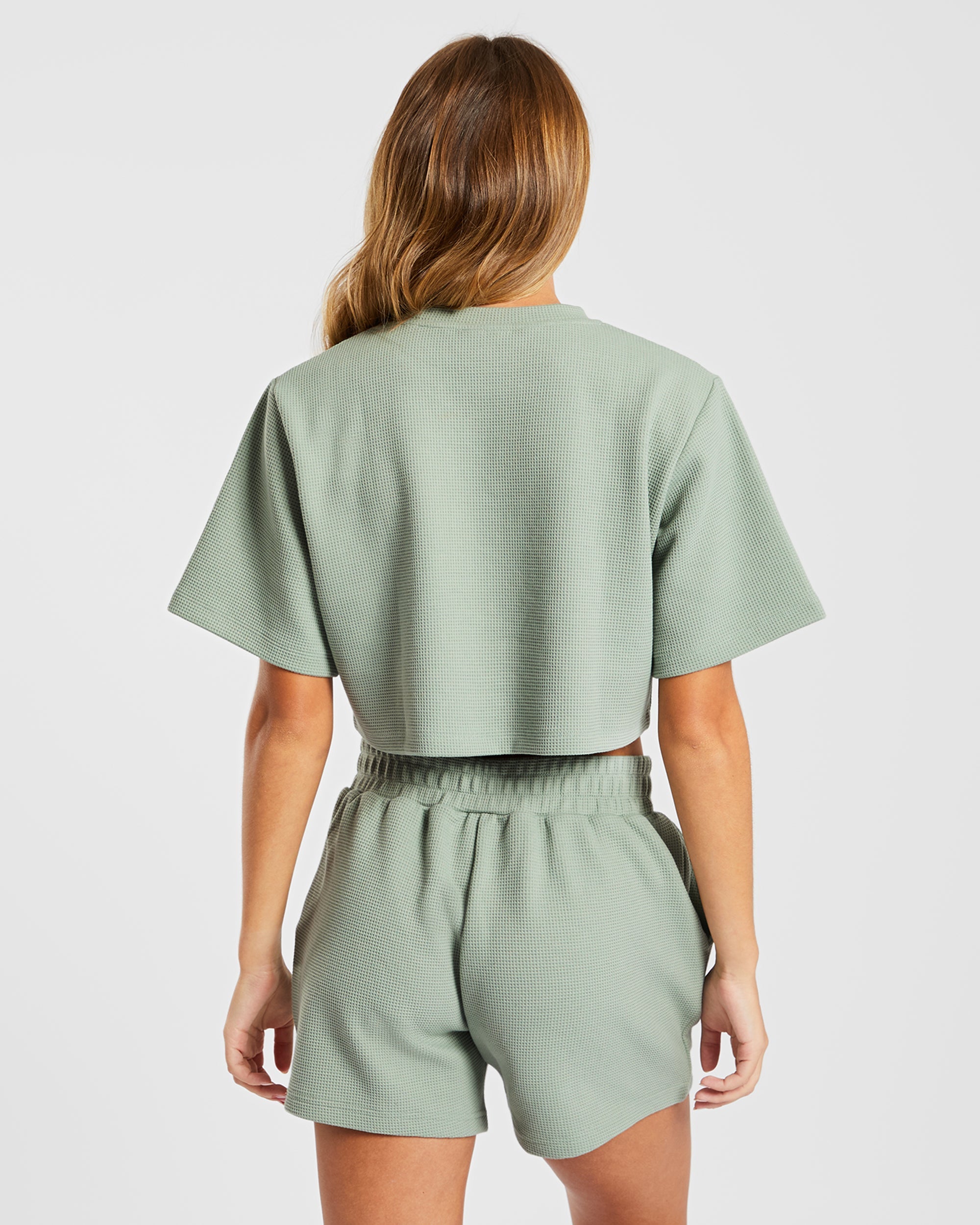 Waffle Boxy Crop Top - Sage Green