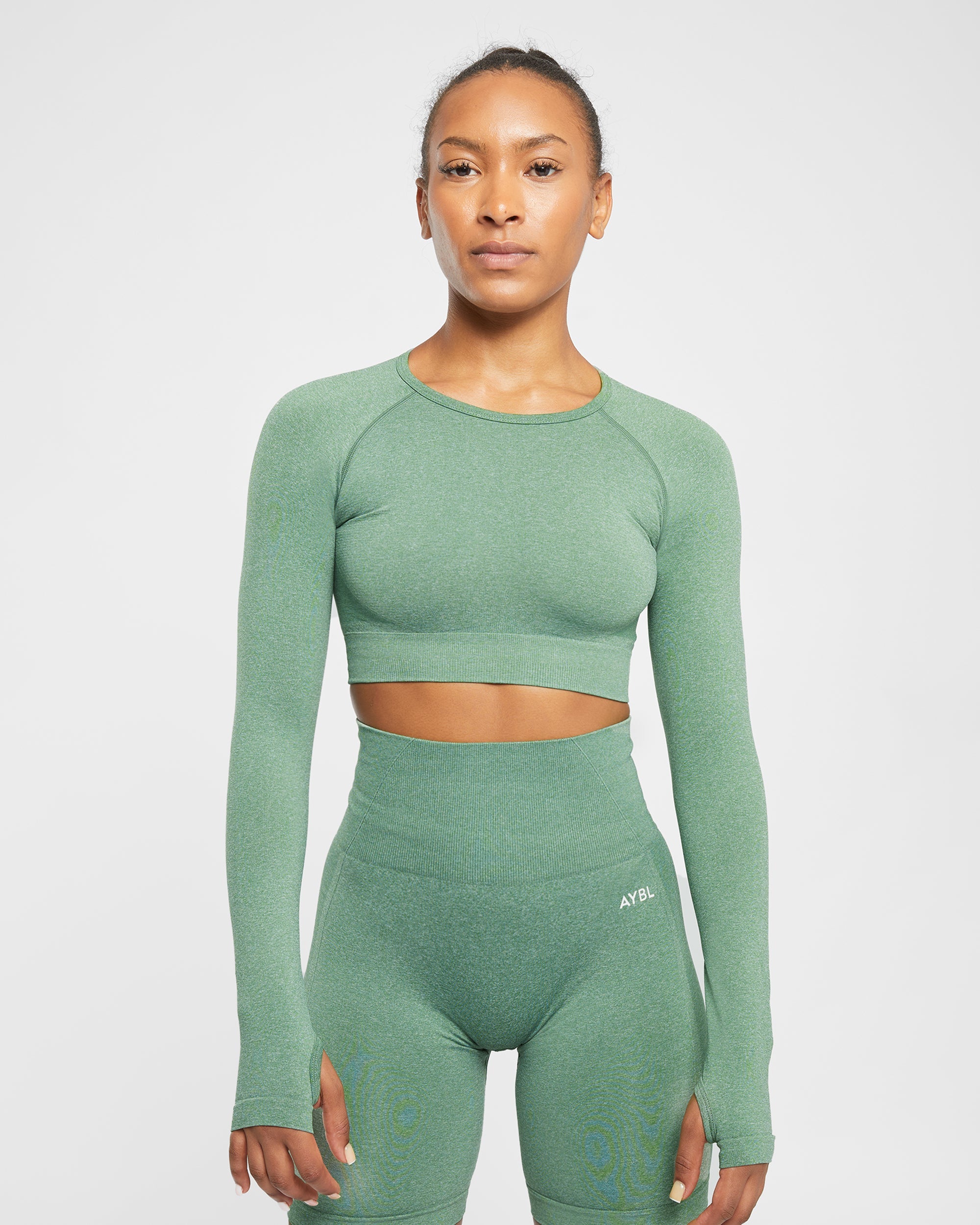 Empower Nahtloses Langarm-Crop-Top – Olive Marl