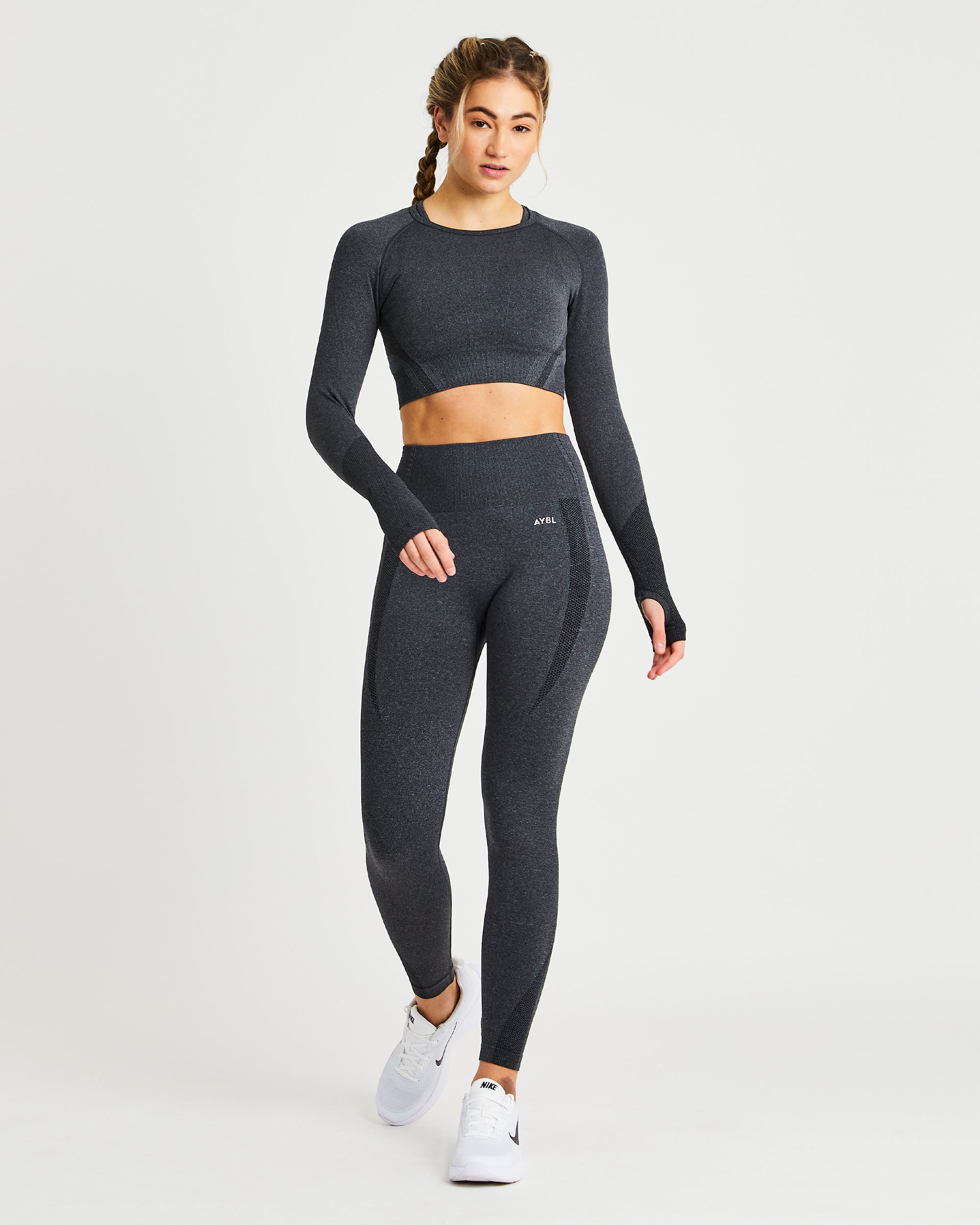 Balance V2 Nahtloses Langarm-Crop-Top – Speckle Black