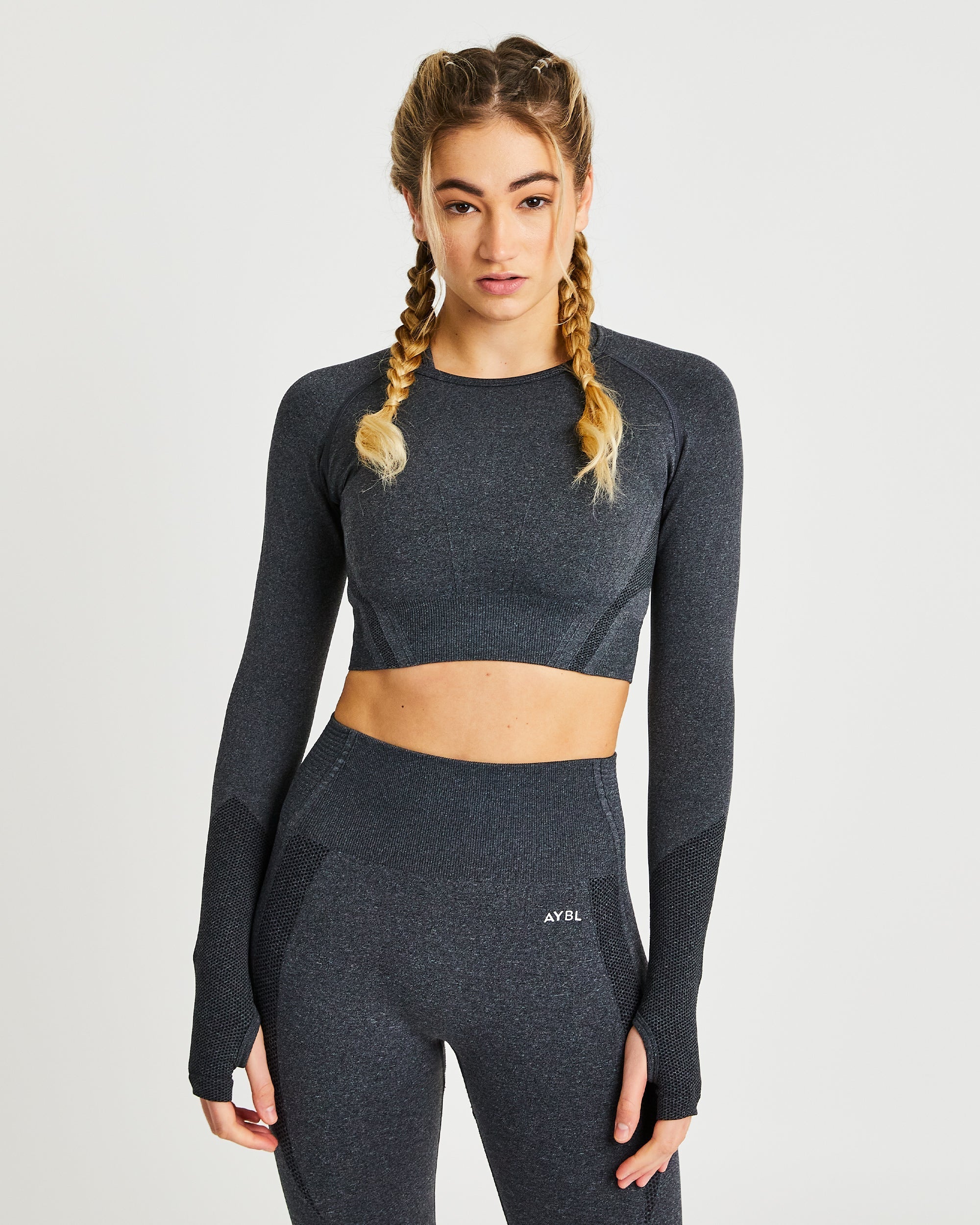 Balance V2 Nahtloses Langarm-Crop-Top – Speckle Black