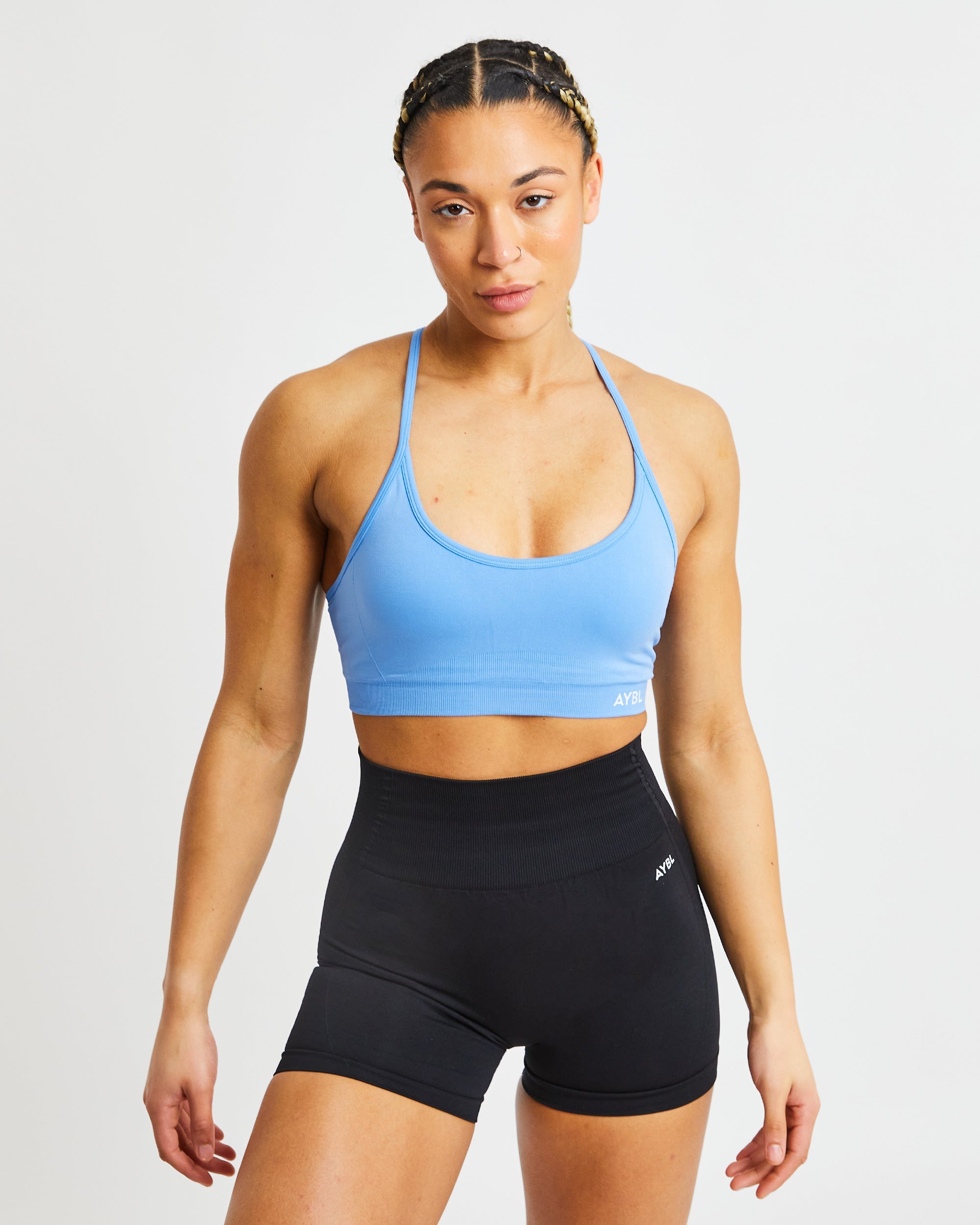 Soutien-gorge de sport essentiel sans couture à col en V - Bleu printemps