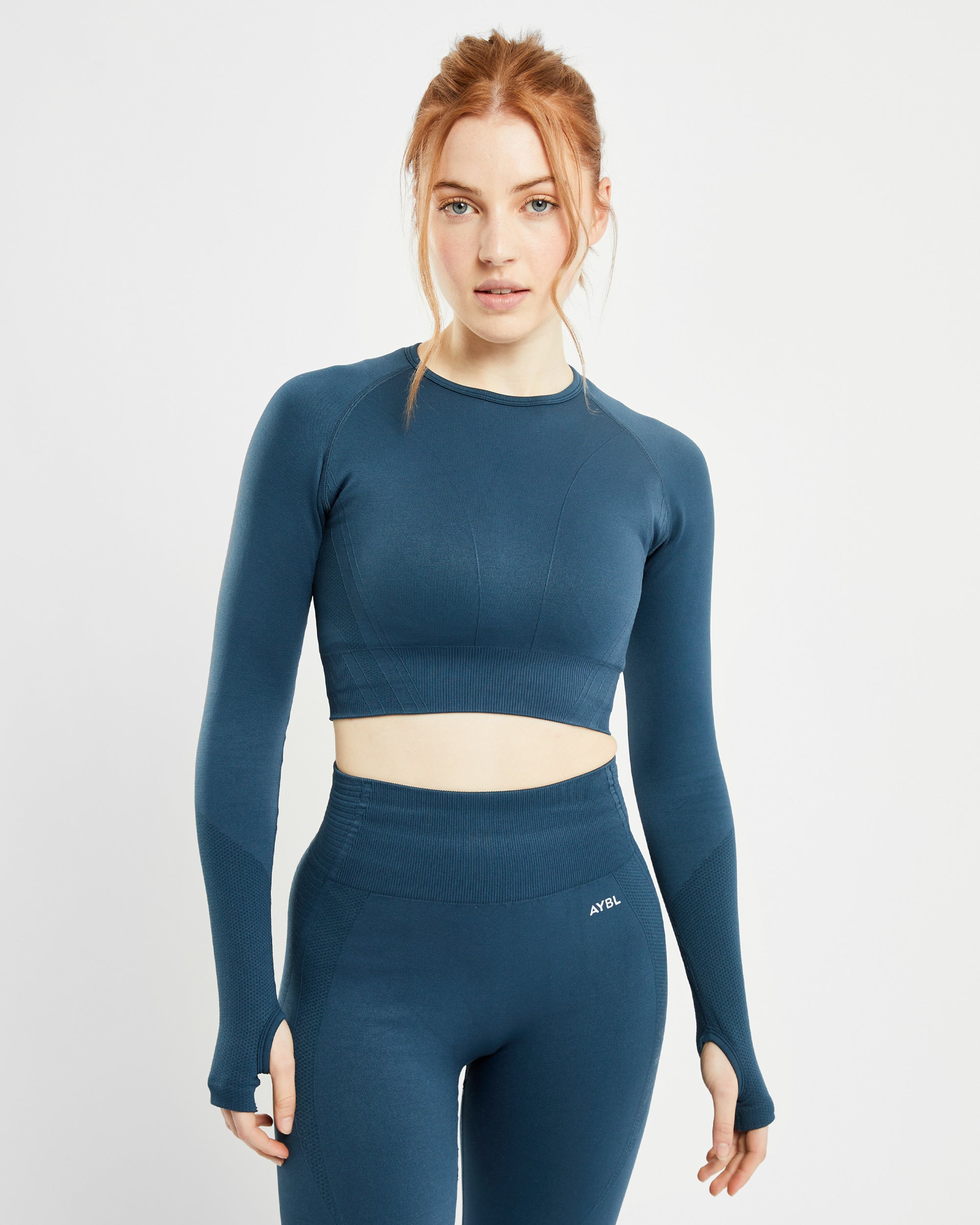 Balance V2 Nahtloses Langarm-Crop-Top – Marineblau