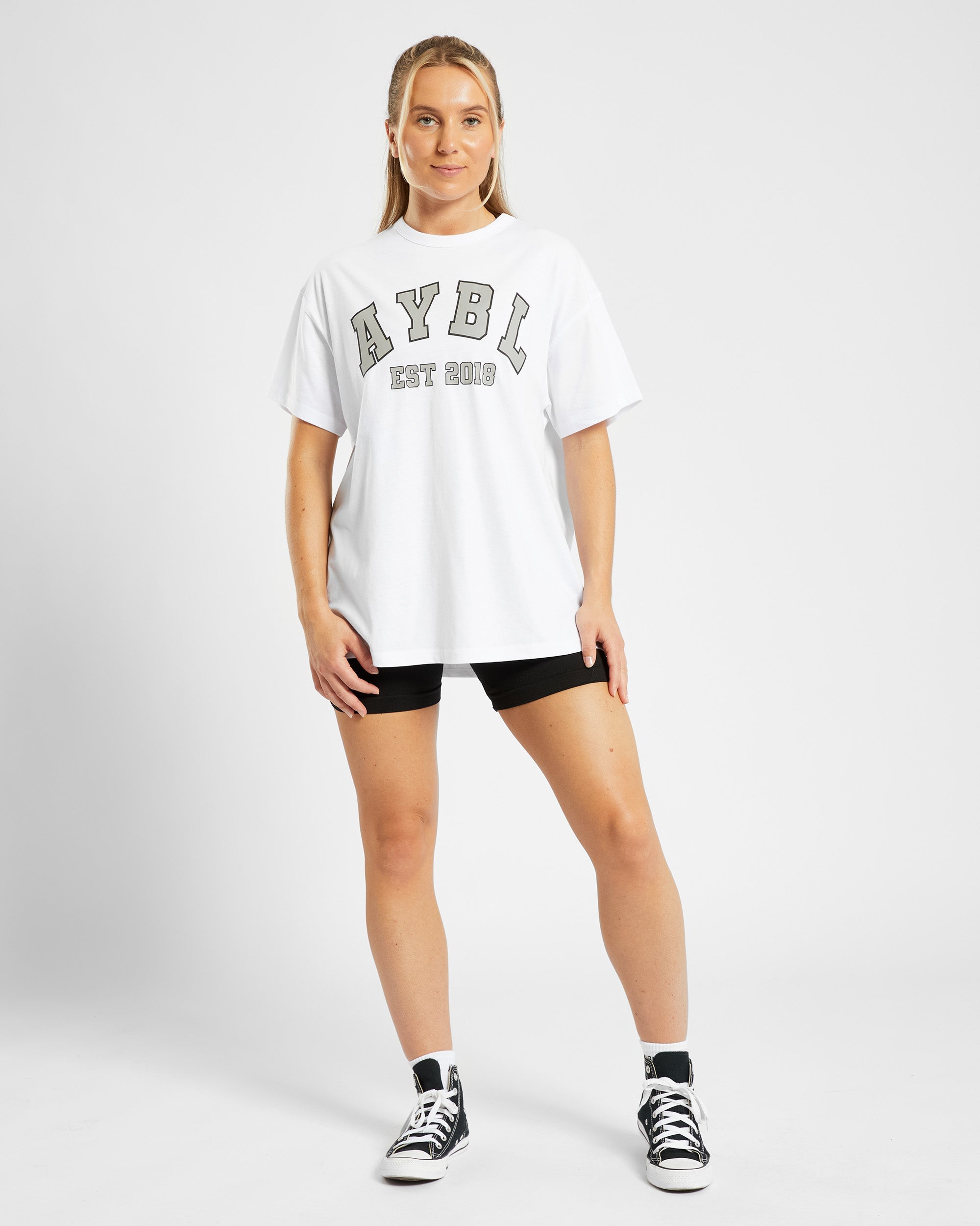 Übergroßes Varsity-T-Shirt – Weiß/Oliv