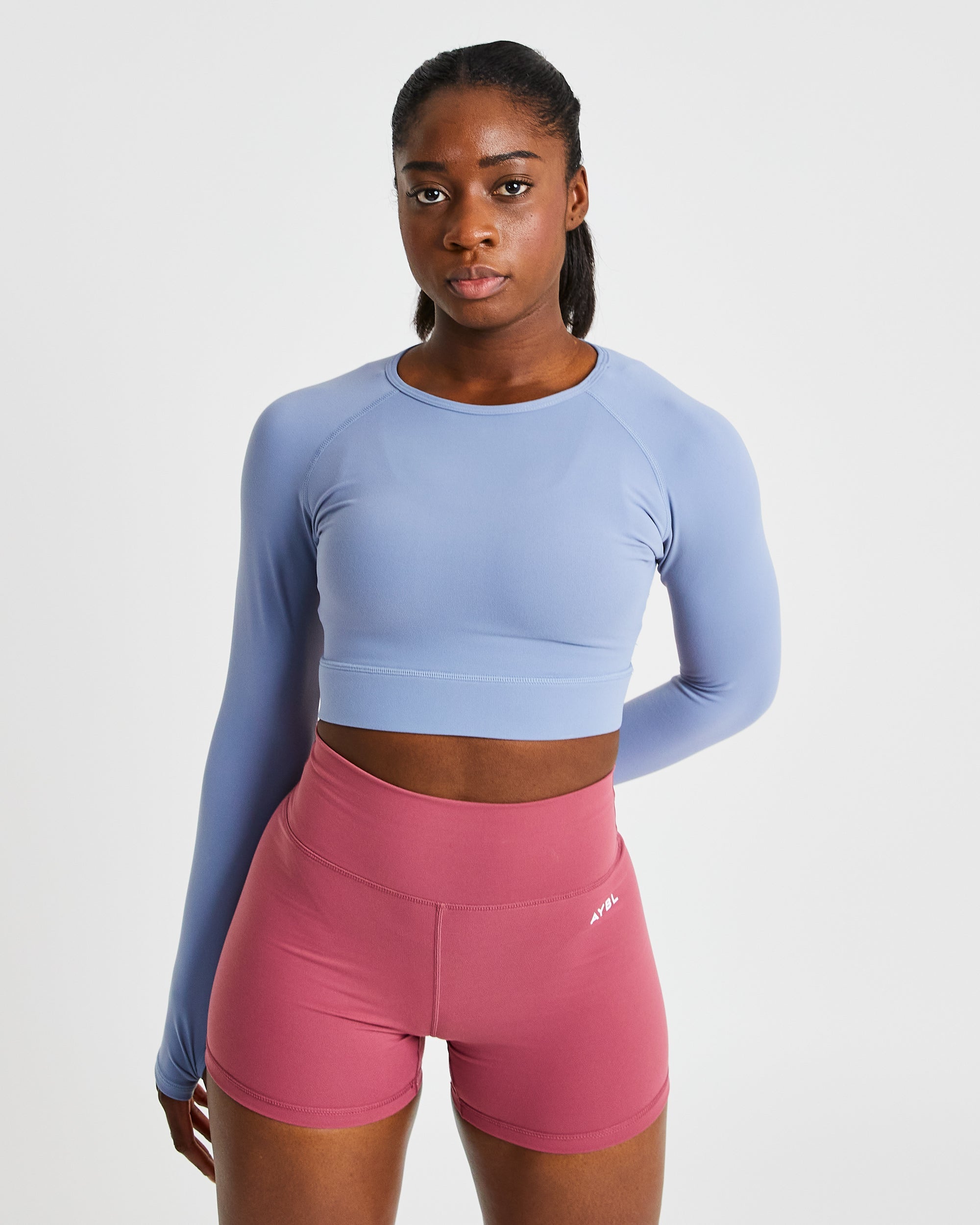 Core Langarm-Crop-Top – Stahlblau