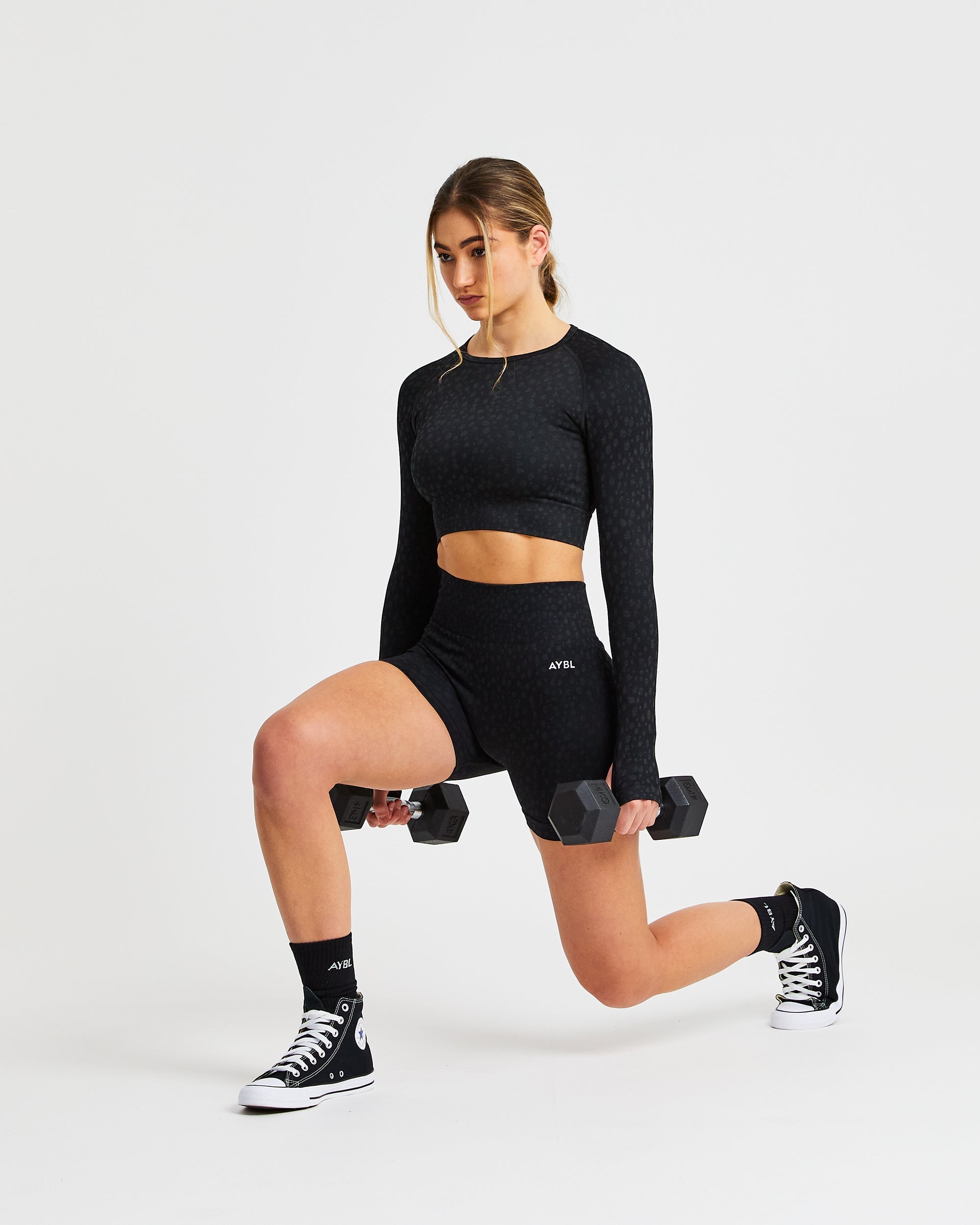 Evolve Speckle Seamless Langarm-Crop-Top – Schwarz